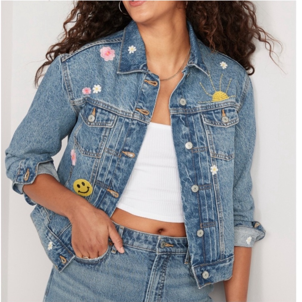 Old Navy Graphic Denim Embroidered Jacket NWT Size 2XL